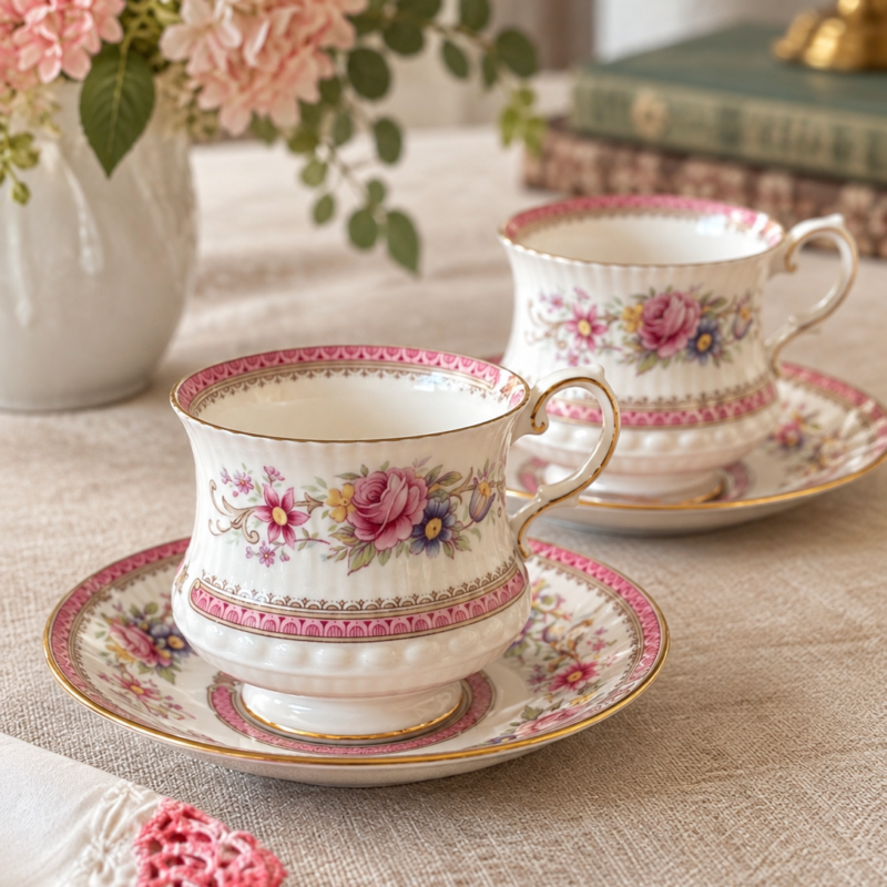 Dúo de té vintage Queen’s Richmond de Fine Bone China inglesa, con rosas rosadas, guarda decorativa rosa y detalles dorados.
