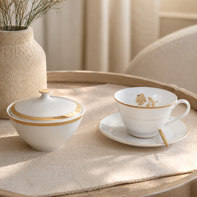 Set Dúo de té de porcelana Golden y azucarero Brigitta