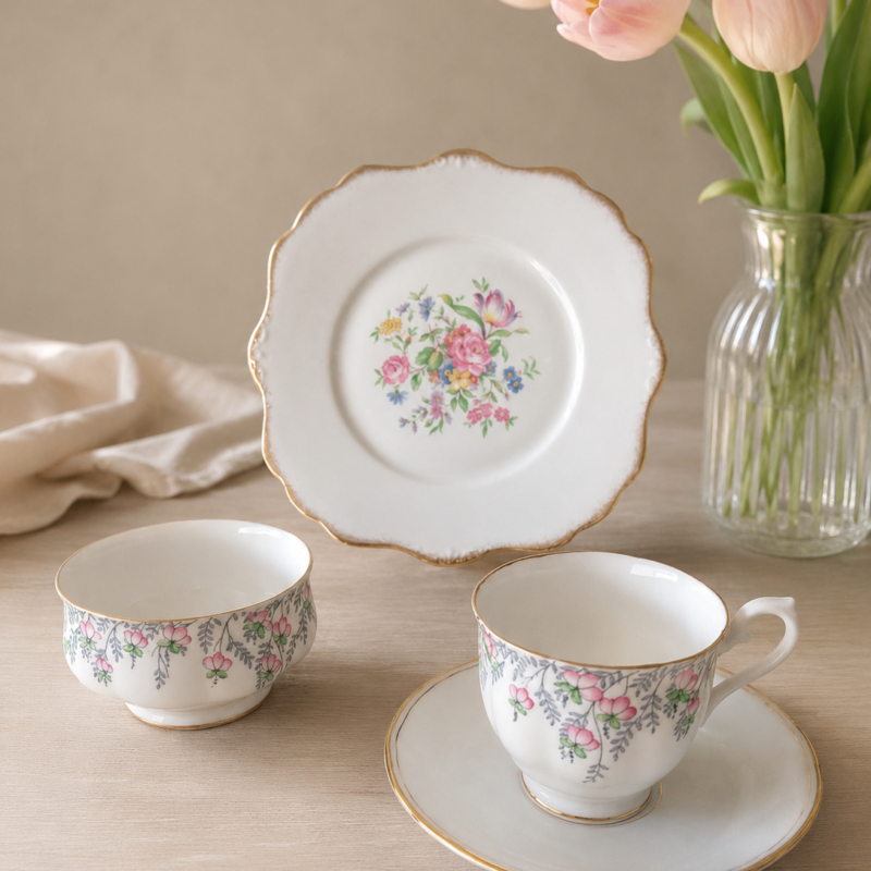 Set compuesto por dúo Royal Albert y plato galletero Royal Stafford, todos en estado impecable sin detalles. Ideal para onces, desayunos y bandejas de té con toque clásico inglés.