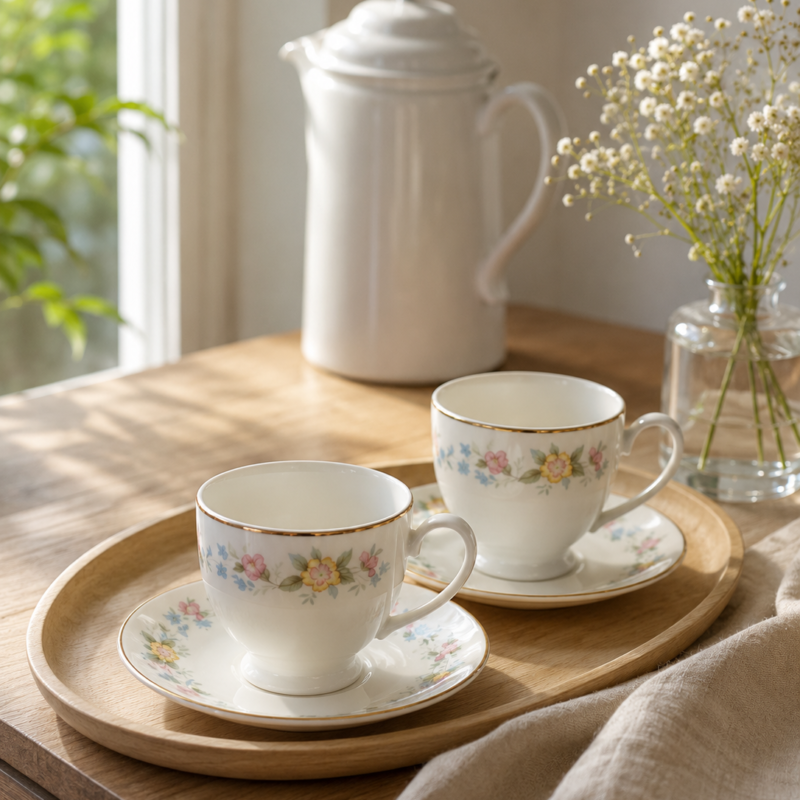 Set de dúos de café Mapfair Fine Bone China elaborado en porcelana inglesa con delicado diseño floral en tonos pastel y terminaciones doradas.