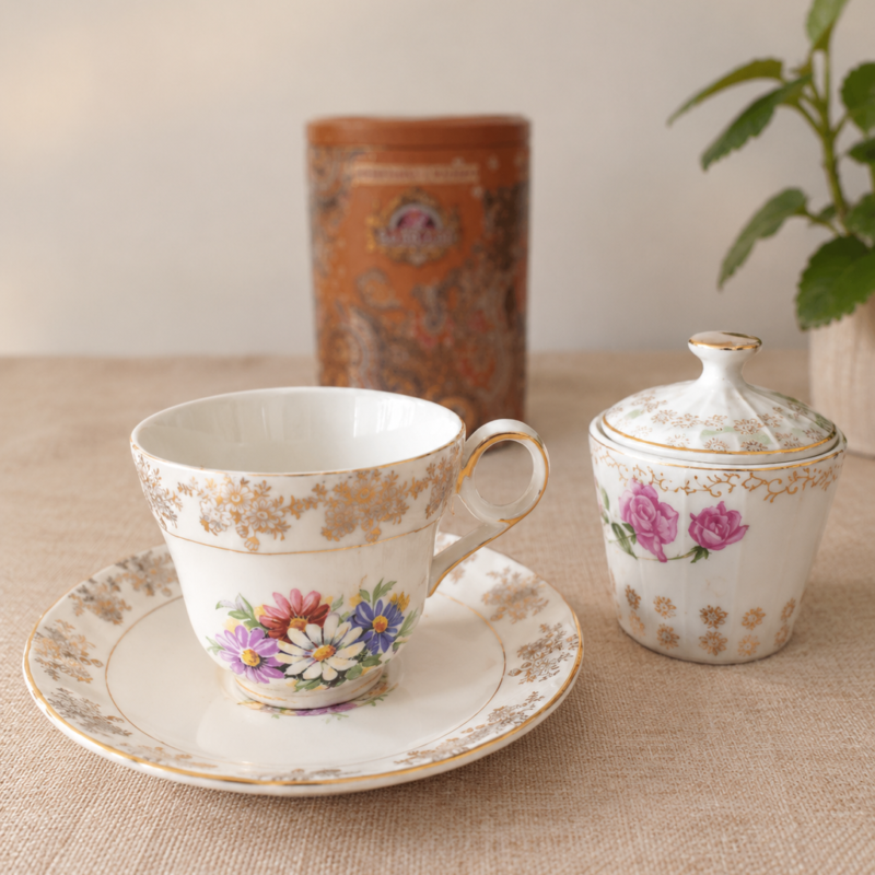 Dúo de té vintage Grindley England con flores multicolor y detalles dorados acompañado de azucarero floral vintage sin sello.