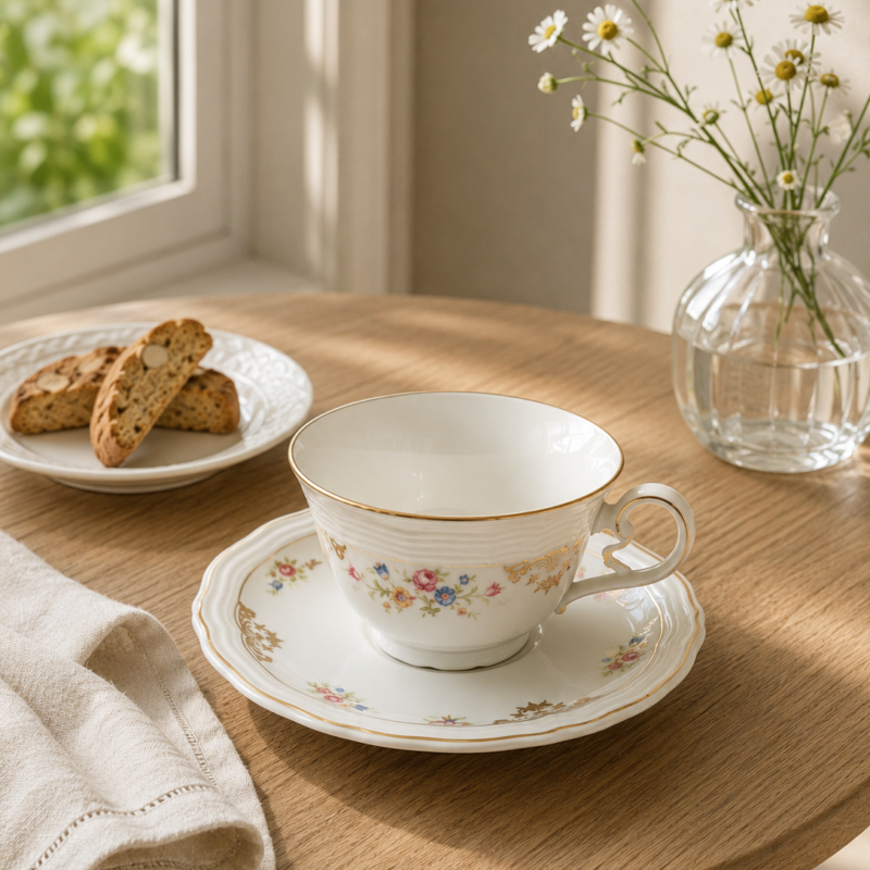 Dúo de café vintage Rheinkrone Bavaria de porcelana fina alemana con delicada decoración floral en tonos pastel y elegantes detalles dorados.