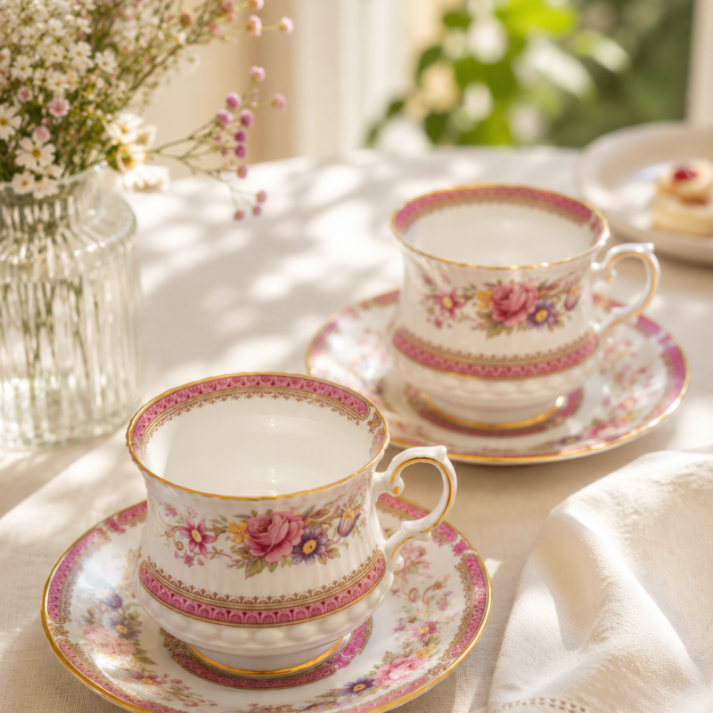 Vista frontal de un dúo de té de porcelana inglesa fina Queen's "Richmond" con cuerpo acanalado, bordes de oro, franja rosa y diseño central de rosas.