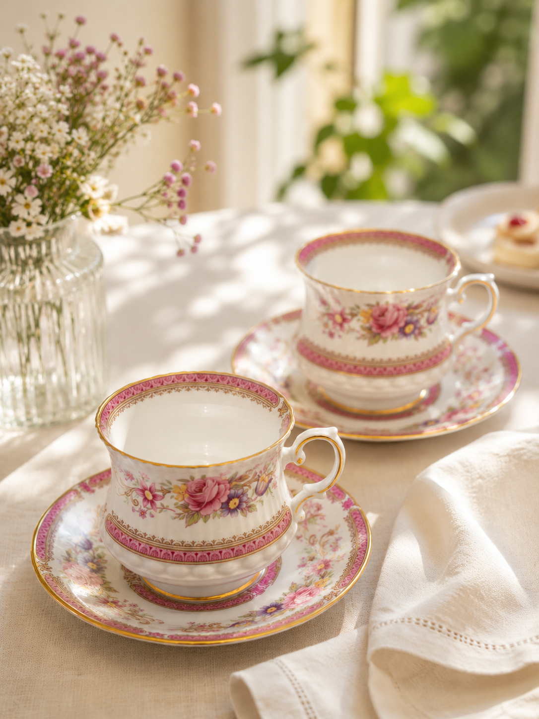 Vista frontal de un dúo de té de porcelana inglesa fina Queen's "Richmond" con cuerpo acanalado, bordes de oro, franja rosa y diseño central de rosas.
