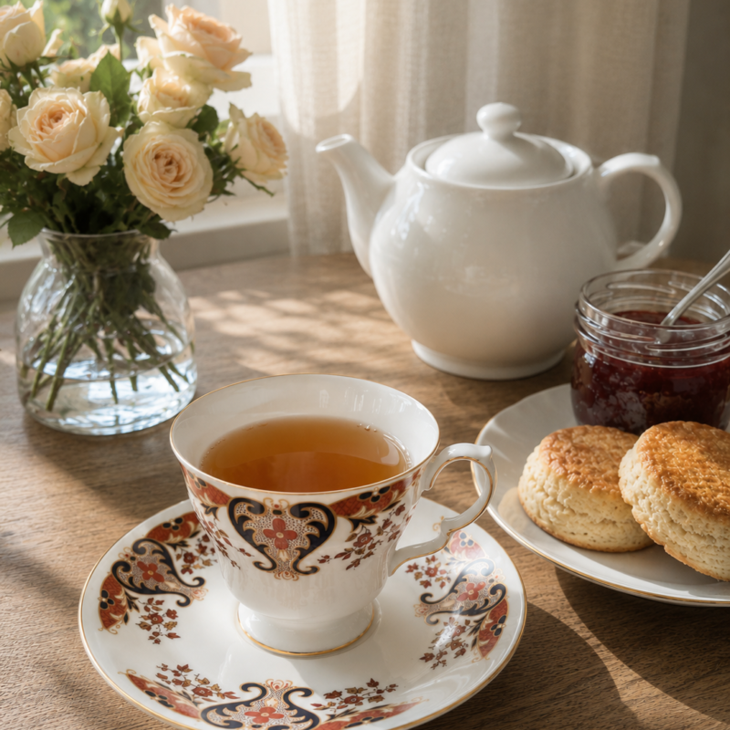 Dúo de té Colclough Royale Fine Bone China inglesa con decoración floral clásica en tonos azul, terracota y dorado.