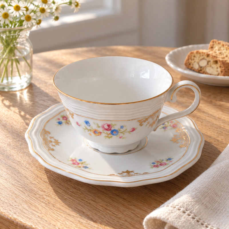 Dúo de té vintage Rheinkrone Bavaria de porcelana alemana blanca con pequeñas flores en tonos pastel y delicados detalles dorados.
