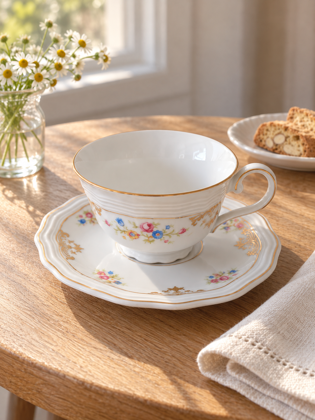 Dúo de té vintage Rheinkrone Bavaria de porcelana alemana blanca con pequeñas flores en tonos pastel y delicados detalles dorados.
