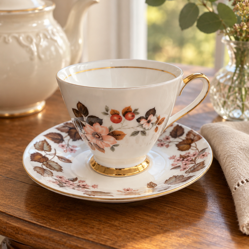 Dúo de té vintage armado con taza Windsor y plato Royal Albert Garden Tea, Bone China inglesa con decoración botánica en tonos café y terminaciones doradas.