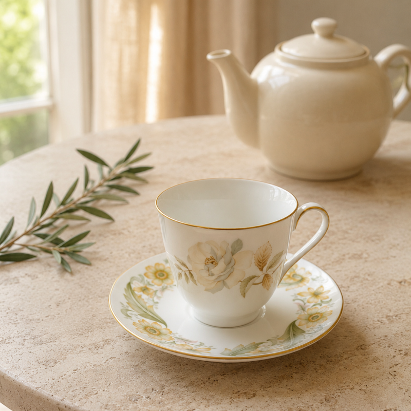 Dúo de té Royal Doulton Yorkshire Rose en Fine Bone China inglesa, decorado con rosa marfil, flores amarillas y delicados detalles en verde salvia.