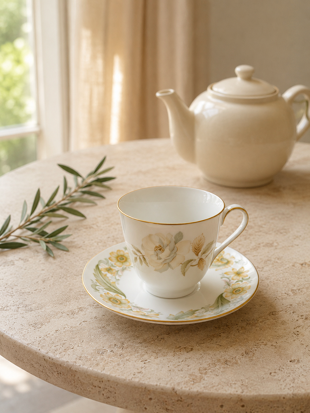 Dúo de té Royal Doulton Yorkshire Rose en Fine Bone China inglesa, decorado con rosa marfil, flores amarillas y delicados detalles en verde salvia.