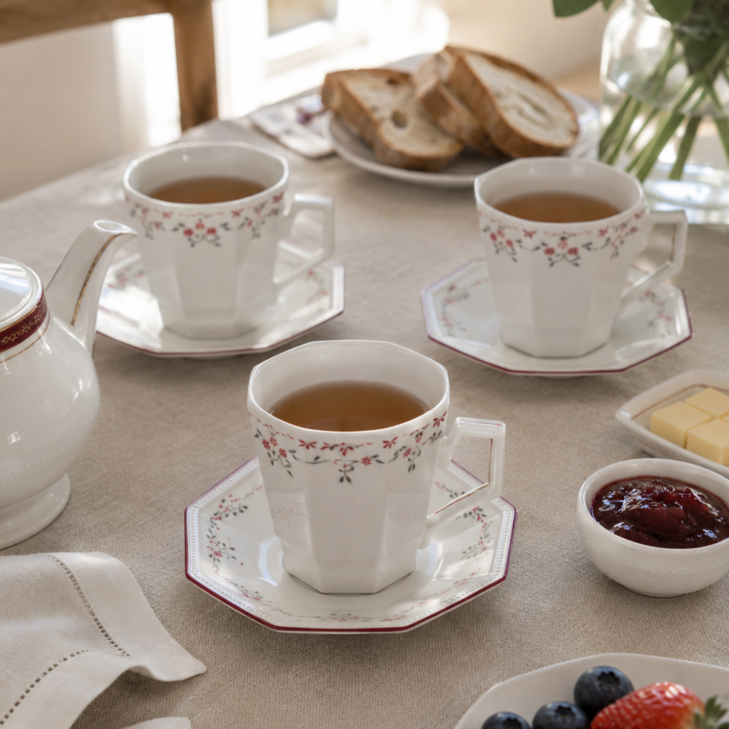 Set de 4 dúos de porcelana inglesa Johnson Brothers, taza y plato a juego de stock antiguo. Ideal para mesas con aire inglés vivido y proyectos decorativos.