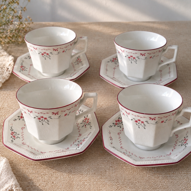 Set de 4 dúos de té vintage Johnson Brothers Inglaterra, tazas y platos octogonales blancos con flores rojas y grises, borde rojo y craquelado visible.