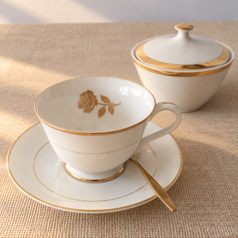 Set de té vintage compuesto por dúo Brigitta de Checoslovaquia y azucarero Golden Anniversary de Japón, porcelana blanca con detalles dorados.