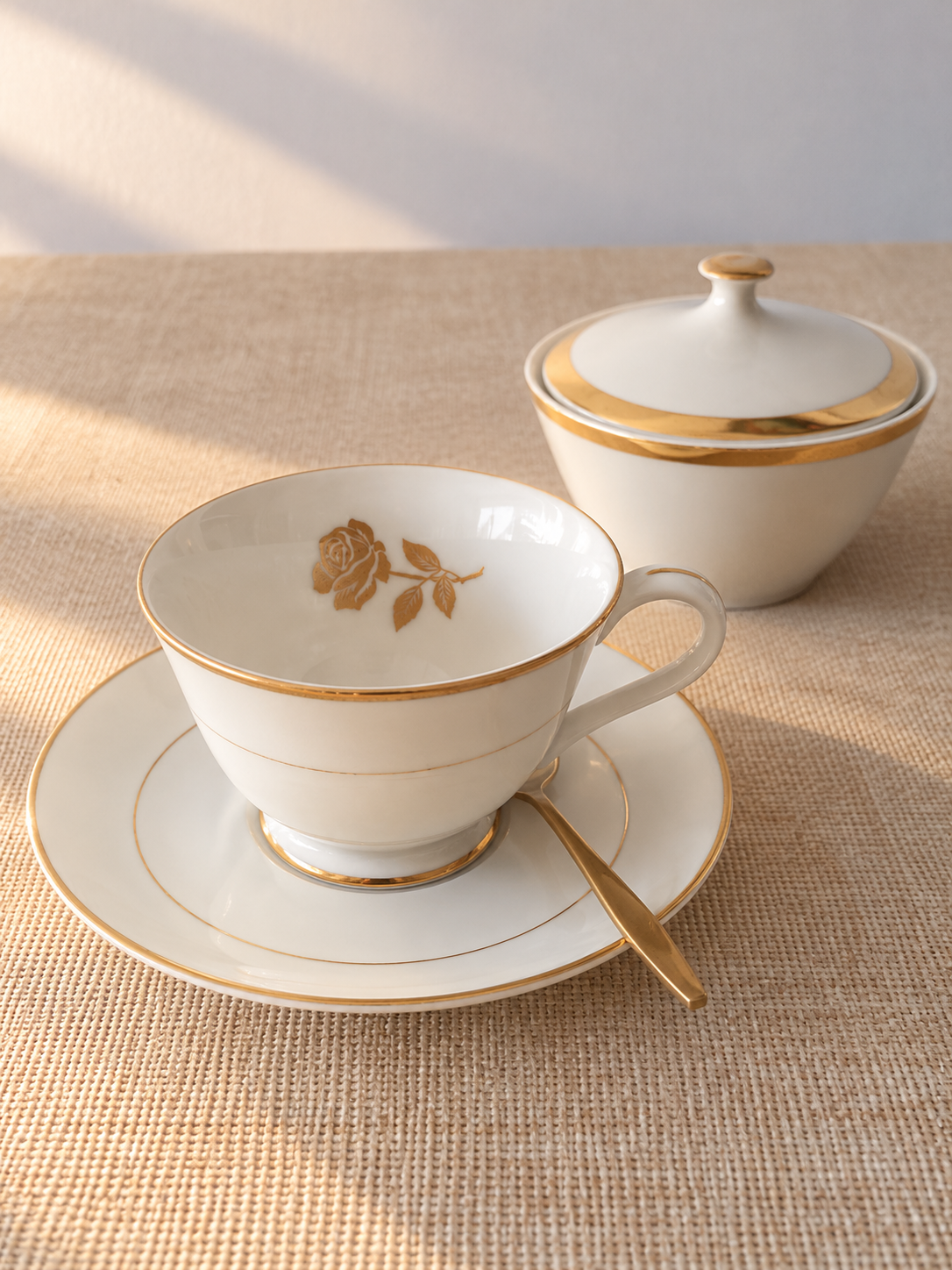 Set de té vintage compuesto por dúo Brigitta de Checoslovaquia y azucarero Golden Anniversary de Japón, porcelana blanca con detalles dorados.
