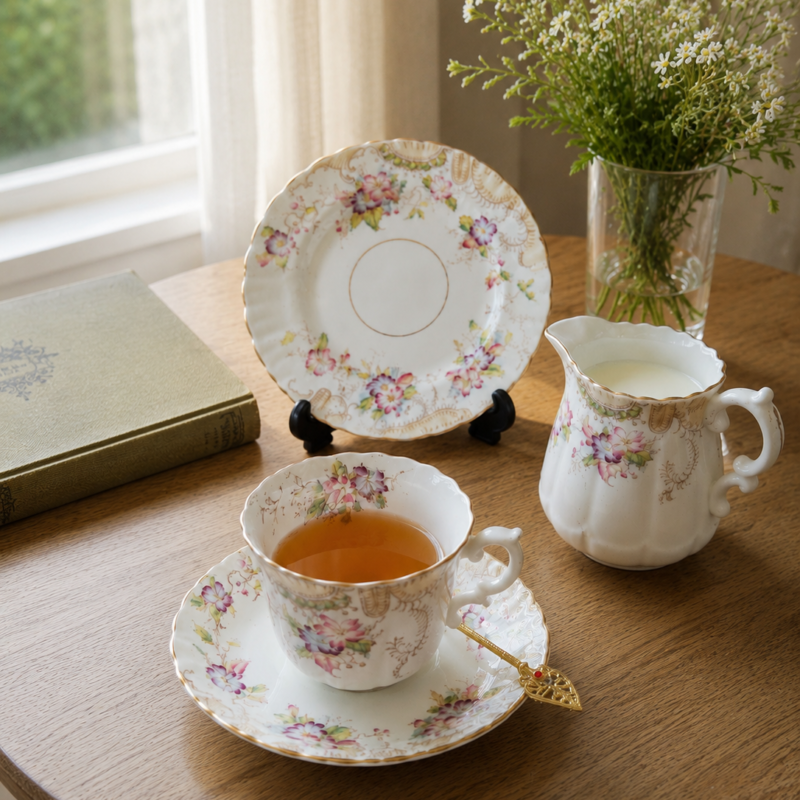 Set vintage de porcelana compuesto por trío de té y lechero con decoración floral en tonos rosados y detalles dorados, sin sello de fabricante.