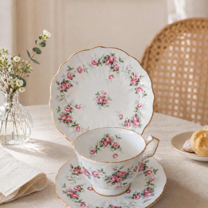 Trío de té Aynsley Marine Rose 2872 en Fine English Bone China, decorado con rosas rosadas y detalles dorados sobre porcelana blanca inglesa.