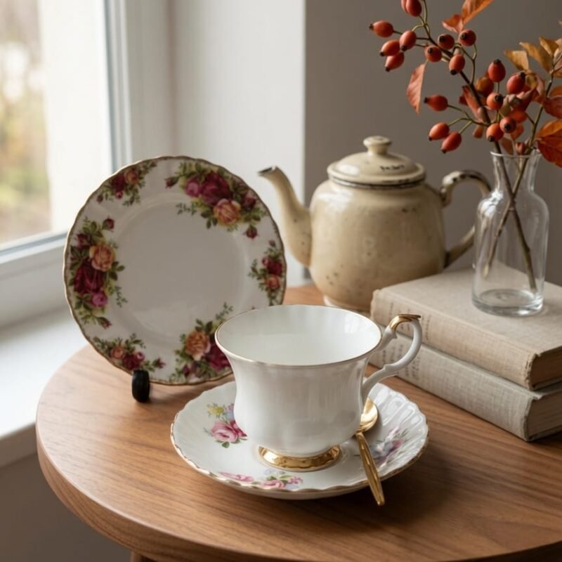 Trío de té armado Royal Albert Fine Bone China compuesto por taza modelo Val D'or, plato de té y plato de postre Old Country Roses, con delicados motivos florales y terminaciones doradas.