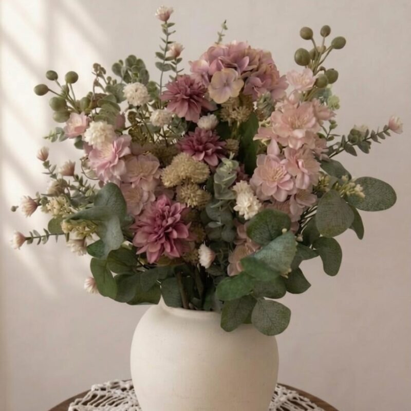 Vista frontal de un frondoso arreglo floral permanente de estilo jardín inglés dispuesto dentro de un florero de cerámica color crudo sobre una mesa de madera con tapete tejido a crochet blanco. Destacan flores de dalias rosa viejo, eléboros suaves y una gran hortensia malva, rodeadas de abundante follaje de eucalipto verde empolvado