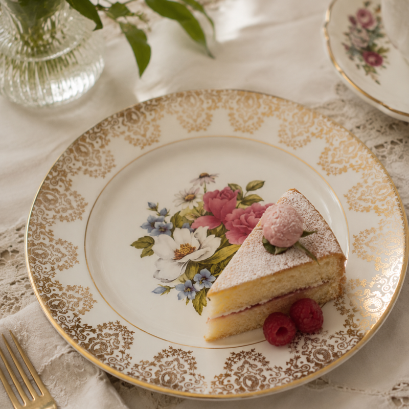 Plato de postre o exhibición en fine bone china inglesa, fabricado por C.J. Dams & Co. Ltd., England. Borde ancho con opulenta filigrana en oro de 22 quilates aplicada mediante técnica de filigrana ácida, con filo dorado perimetral. Centro decorado con bouquet floral de rosas fucsia, flores blancas y azules sobre fondo blanco brillante. Diámetro 20 cm. Estado impecable, sin desgaste en bordes ni pérdida de pintura.