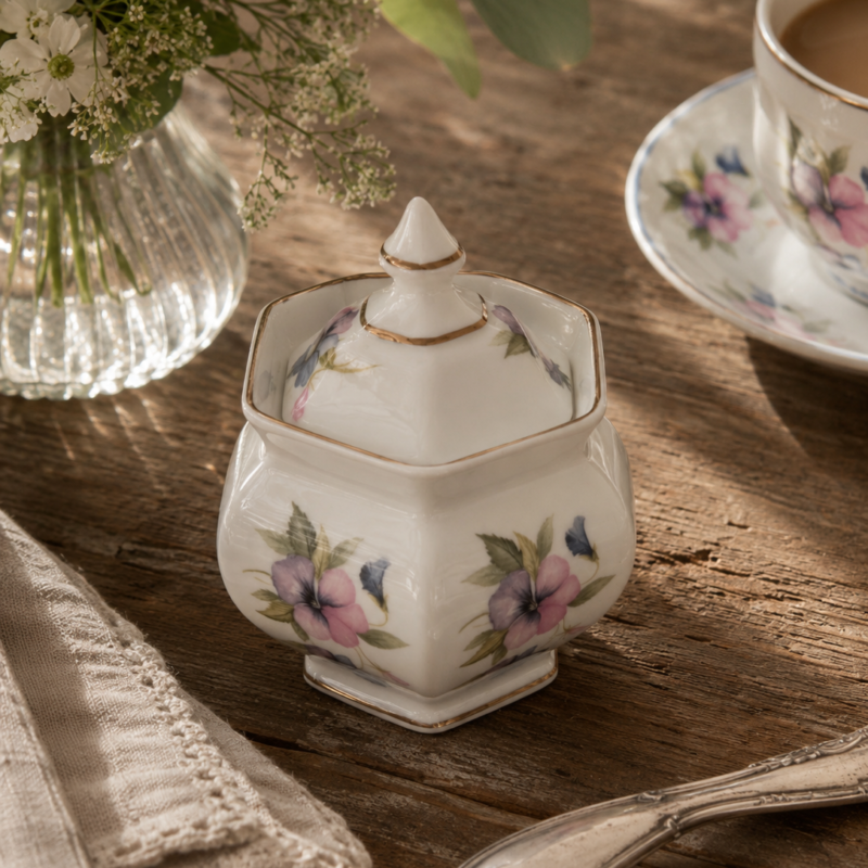 Vista frontal de un azucarero octogonal con tapa de porcelana inglesa Classique China by Modus, decorado con ramilletes de pensamientos en tonos violeta y rosa con bordes perfilados en oro.