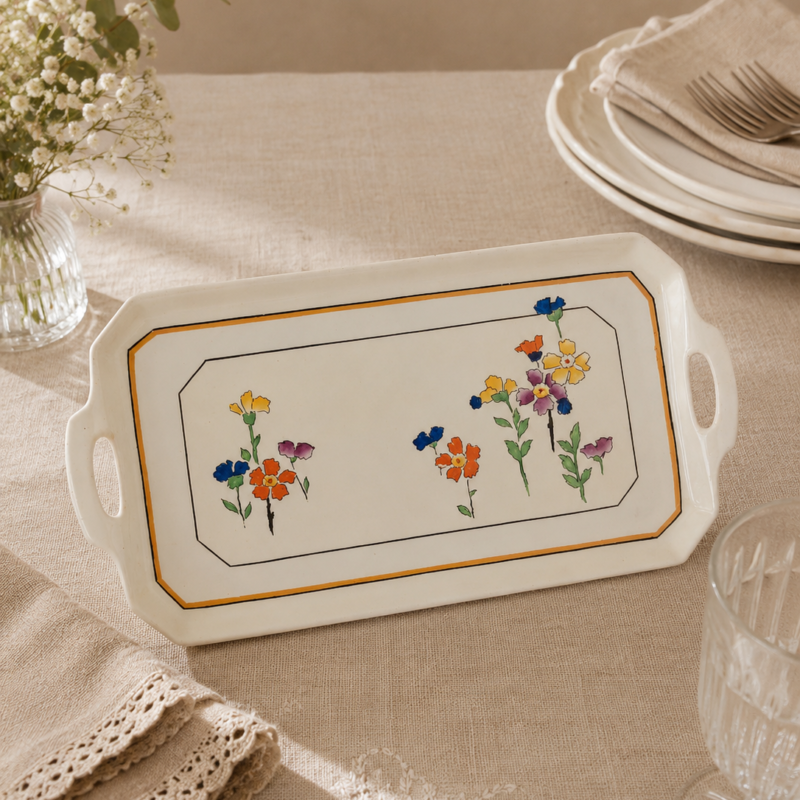 Vista frontal de una bandeja rectangular con asas de loza inglesa Tams Ware color crema, decorada con flores Art Déco pintadas a mano y un borde amarillo ocre.