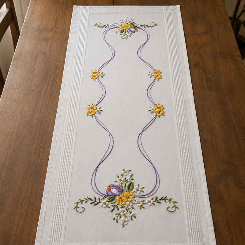 Vista cenital de un camino de mesa alargado blanco extendido sobre una mesa de madera; presenta un diseño bordado a mano de guías violetas y ramilletes de margaritas y flores moradas, con terminaciones caladas en los extremos.