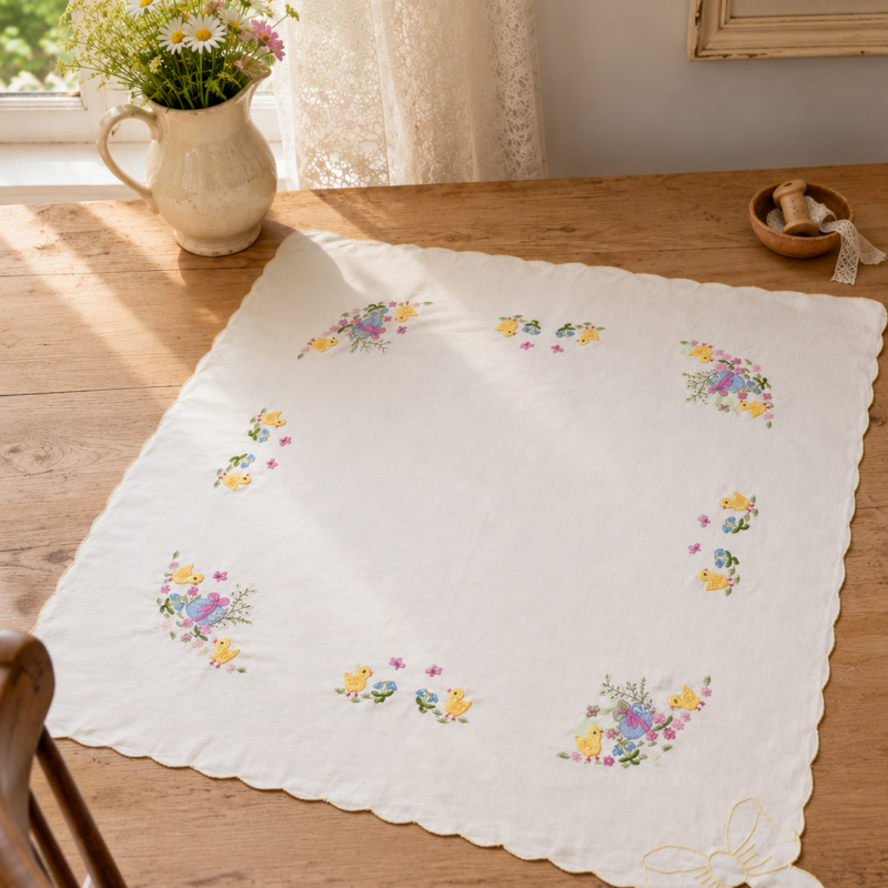 Vista cenital en perspectiva de una carpeta de mesa cuadrada blanca de 83x78 cm sobre una mesa de madera. Muestra bordados perimetrales de pollitos amarillos y huevos de Pascua morados, con bordes festoneados amarillos y un lazo de tela tridimensional en la esquina inferior derecha.