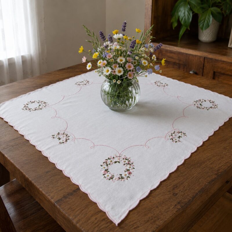 Vista de una carpeta de mesa cuadrada blanca sobre una mesa de madera oscura, mostrando su diseño esquinado de guirnaldas de margaritas bordadas y borde festoneado rosa con un florero encima.