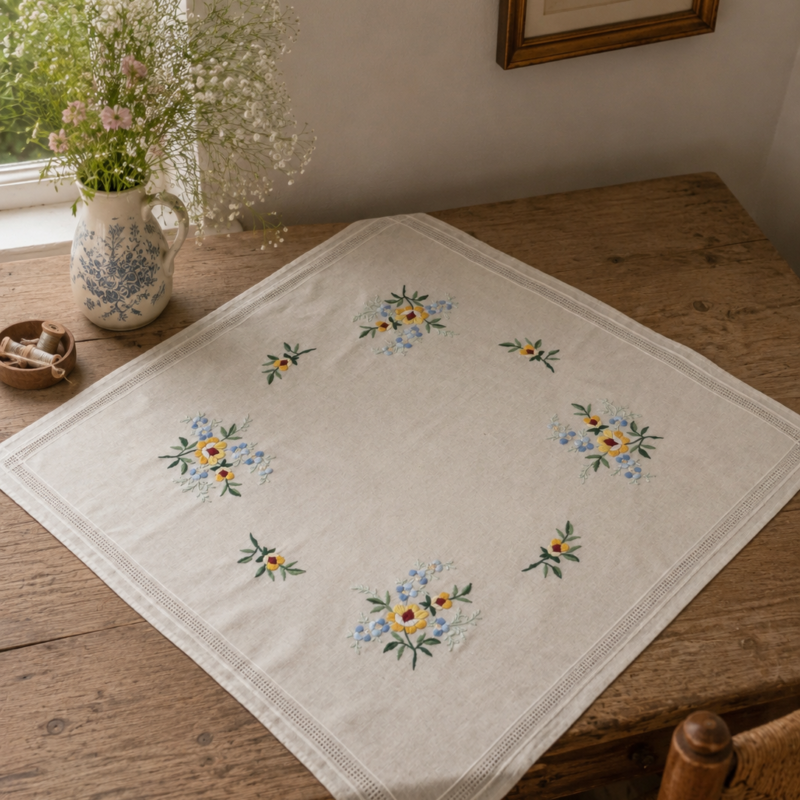 Vista cenital en perspectiva de una carpeta de mesa cuadrada de lino color marfil sobre una mesa de madera. Presenta ramilletes bordados a mano con flores amarillas, naranjas y celestes, enmarcada por una guarda de triple línea de vainicas caladas.