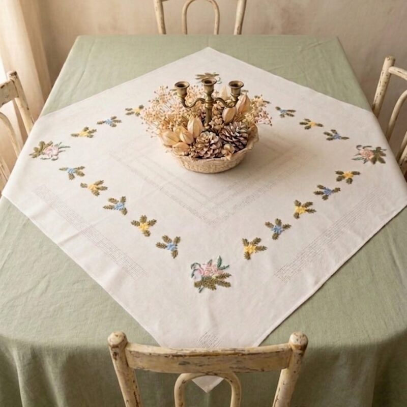 Vista de una carpeta de mesa de hilo blanco sobre un mantel verde, mostrando su diseño esquinado de flores bordadas a mano y detalles decorativos con un centro de mesa encima.