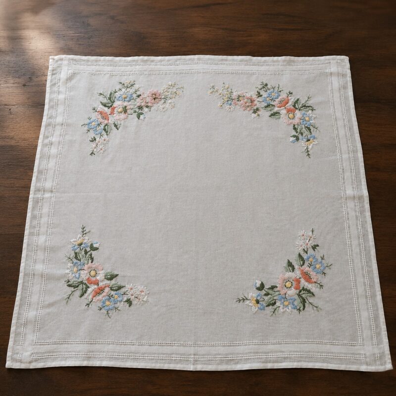 Vista de primer plano de una esquina de la carpeta de mesa de algodón cuadrada blanca, mostrando en detalle el ramillete de flores silvestres bordado a mano en tonos rosa, celeste y durazno, junto a una guarda calada lineal.