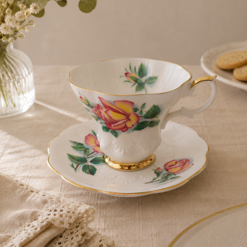 Taza y platillo Royal Albert Anne con ramos de rosas rosadas y pedestal bañado en oro.
