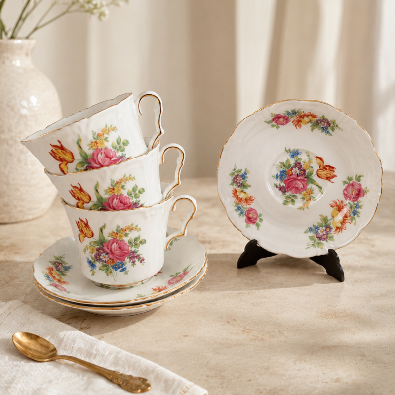 Dúo de té en fine bone china Collingwood Bros, con delicado ramo floral multicolor y perfil ondulado con filete dorado, en estado nuevo impecable.