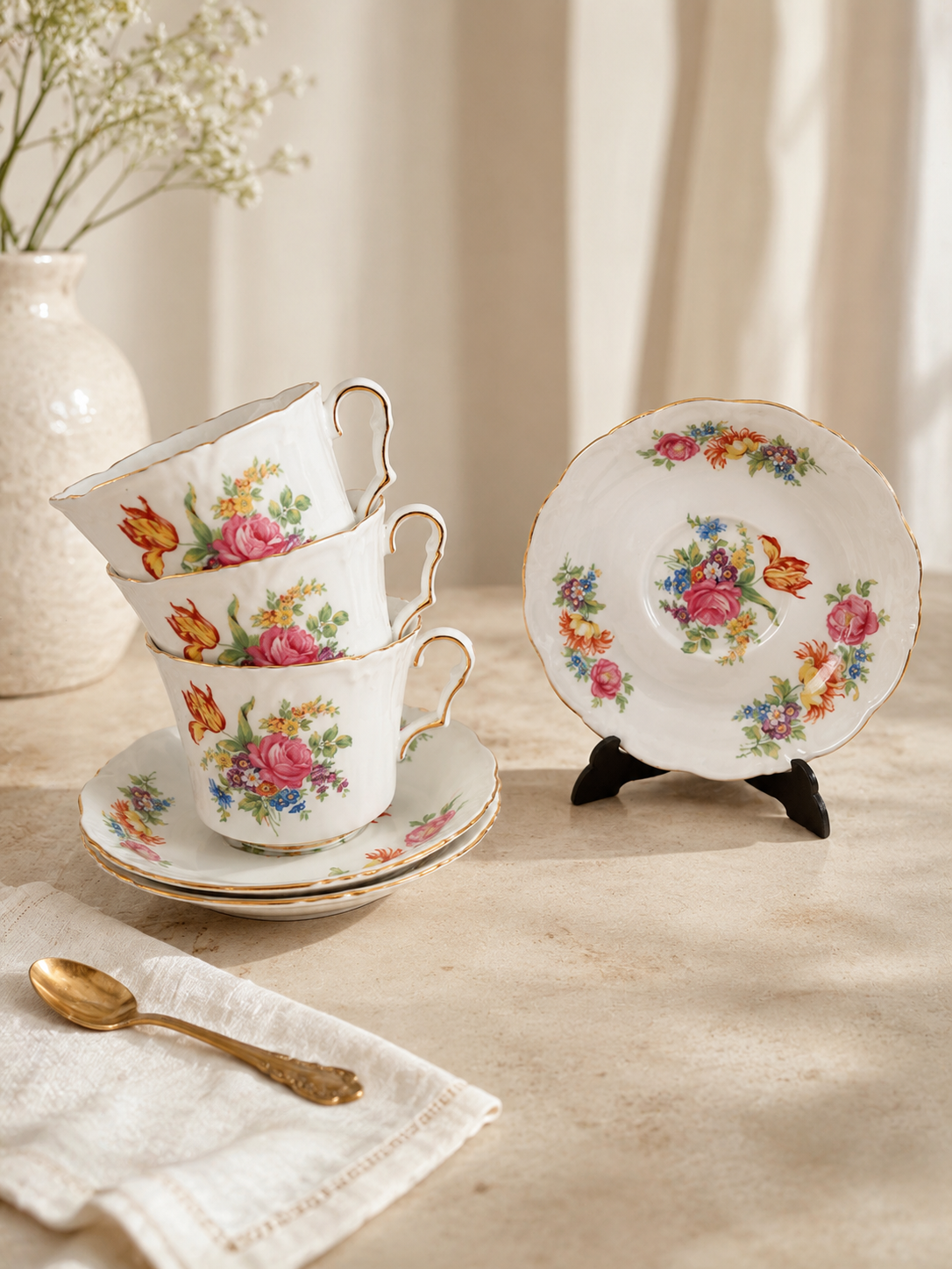 Dúo de té en fine bone china Collingwood Bros, con delicado ramo floral multicolor y perfil ondulado con filete dorado, en estado nuevo impecable.