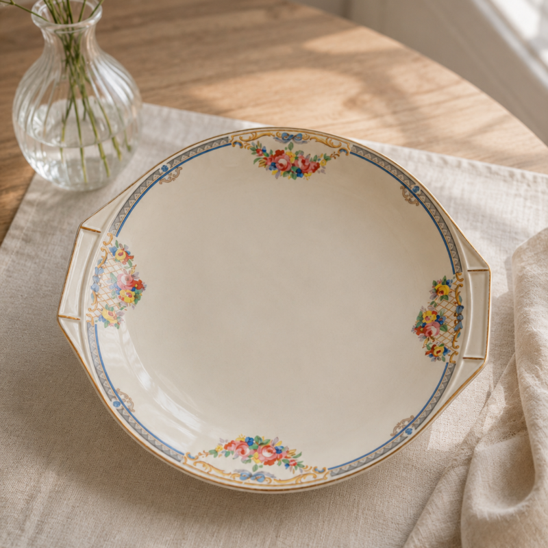 galletera oval con asas laterales de loza fina ironstone inglesa J. & G. Meakin, Hanley, Staffordshire, en el patrón The Selwyn, sello SOL registrado c.1912.