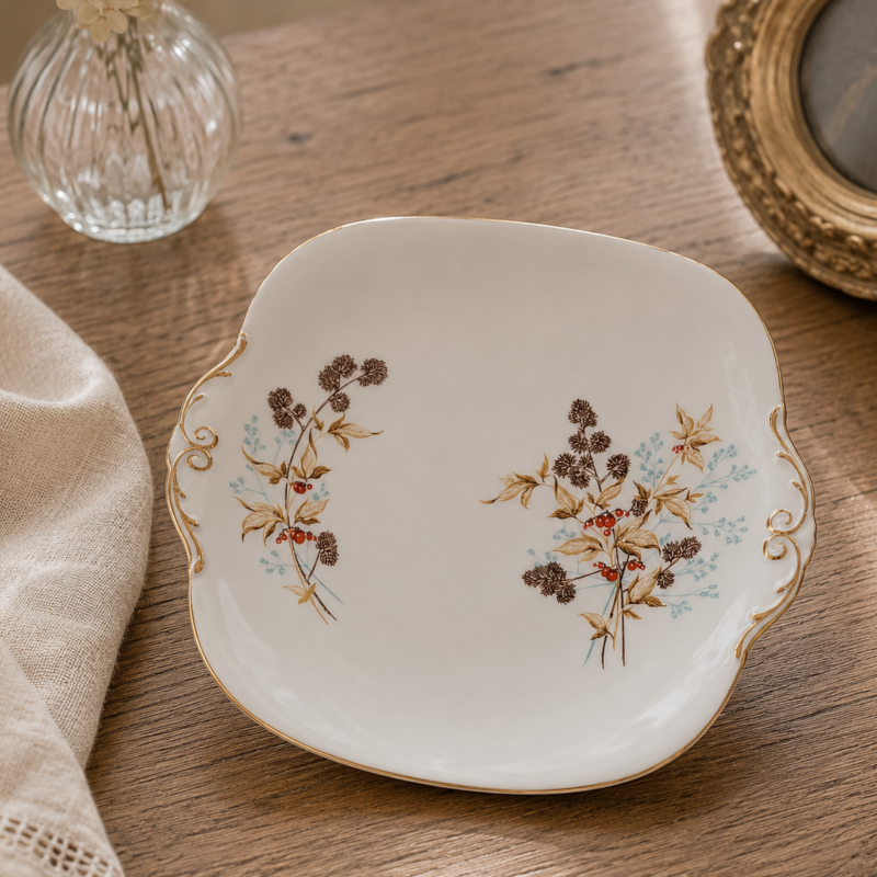 Plato galletero cuadrangular de bone china inglesa Windsor, fabricado en Longton, Stoke-on-Trent durante la década de 1950.