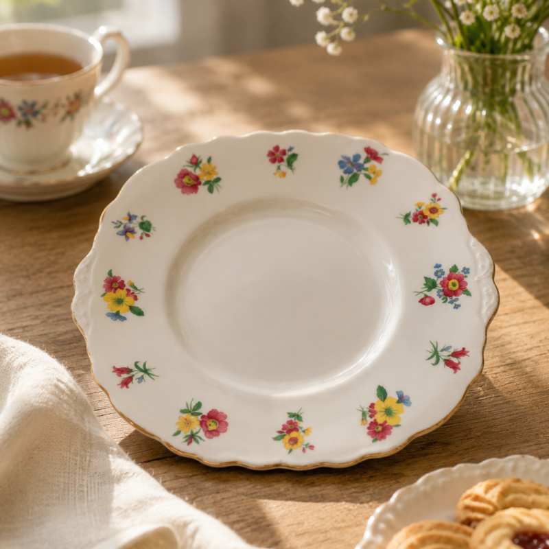Bone china auténtica de los Vale Works de Longton, Stoke-on-Trent, firma precursora de Royal Vale. Doce pequeños ramilletes de flores silvestres multicolores — rosas, amarillas, azules y lilas — en el ala sobre fondo blanco luminoso. Borde ondulado con filo dorado. 23 cm. Muy buen estado general. Pieza única en Nova Vita.