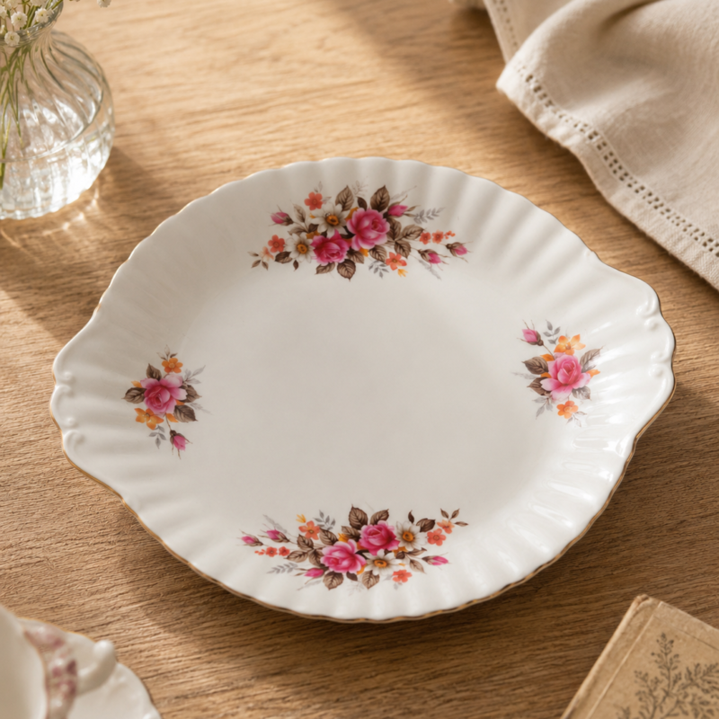 Plato galletero oval con asas integradas de fine bone china inglesa Richmond, en el patrón Rose Time, producido entre 1958 y finales de los años 1970 por British Anchor Pottery Co. Ltd., Longton, Staffordshire.