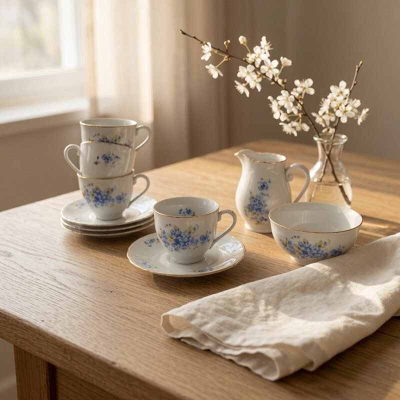 Juego de té Haas & Czjzek 1792 flores azules y filo dorado.