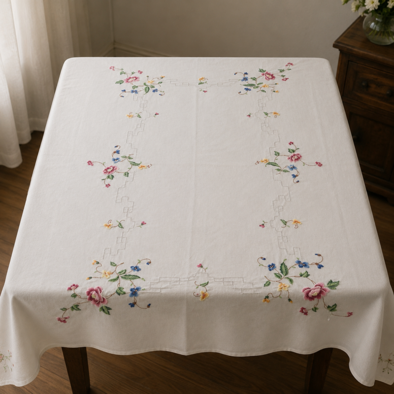 Vista aérea de un mantel rectangular blanco extendido sobre una mesa, mostrando su diseño de ramos florales bordados a mano en tonos fucsia, azul y amarillo, enmarcados por líneas longitudinales con calados geométricos de vainicas.