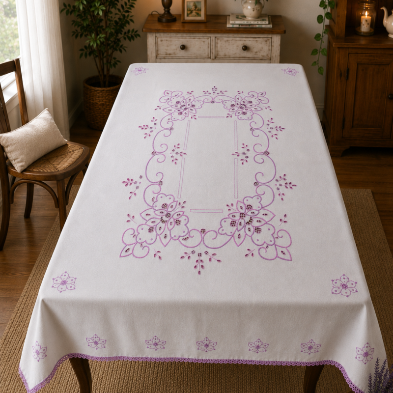 Vista general de un mantel rectangular blanco europeo extendido sobre una gran mesa de comedor, luciendo un elaborado diseño central calado y bordado a mano en color lila con flores en las esquinas y un borde de encaje a juego.