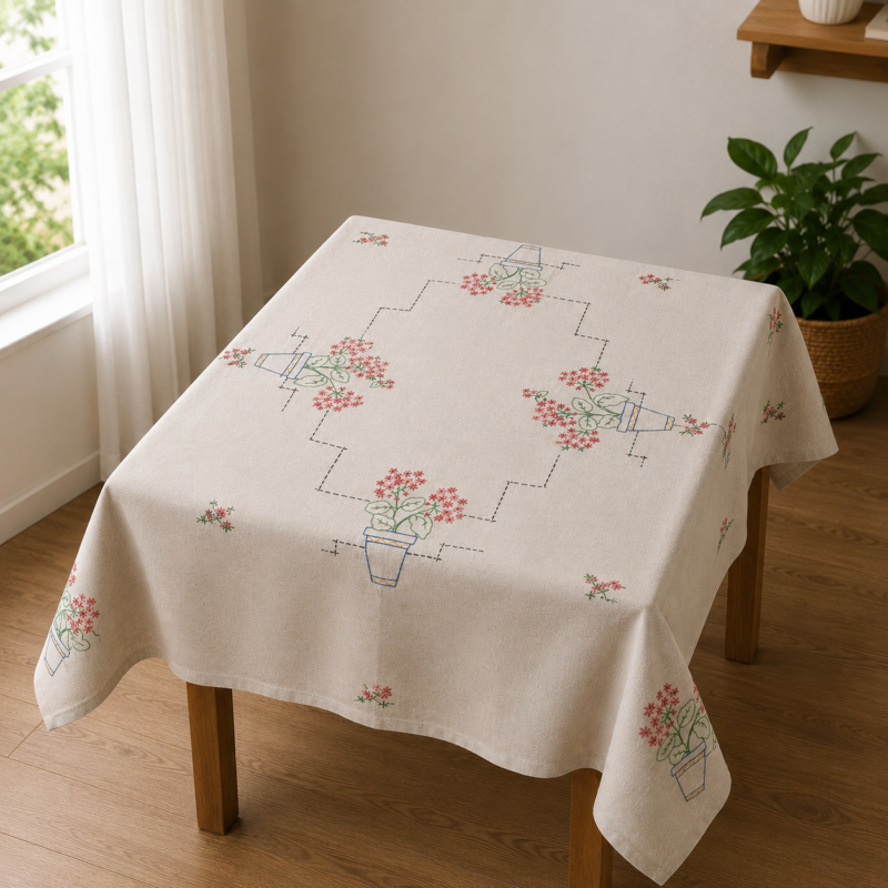 Vista general de un mantel rectangular de color crudo con un diseño bordado a mano que muestra cuatro maceteros azules con plantas de flores rosadas, interconectados por líneas de puntos negros en un patrón geométrico sobre la tela.