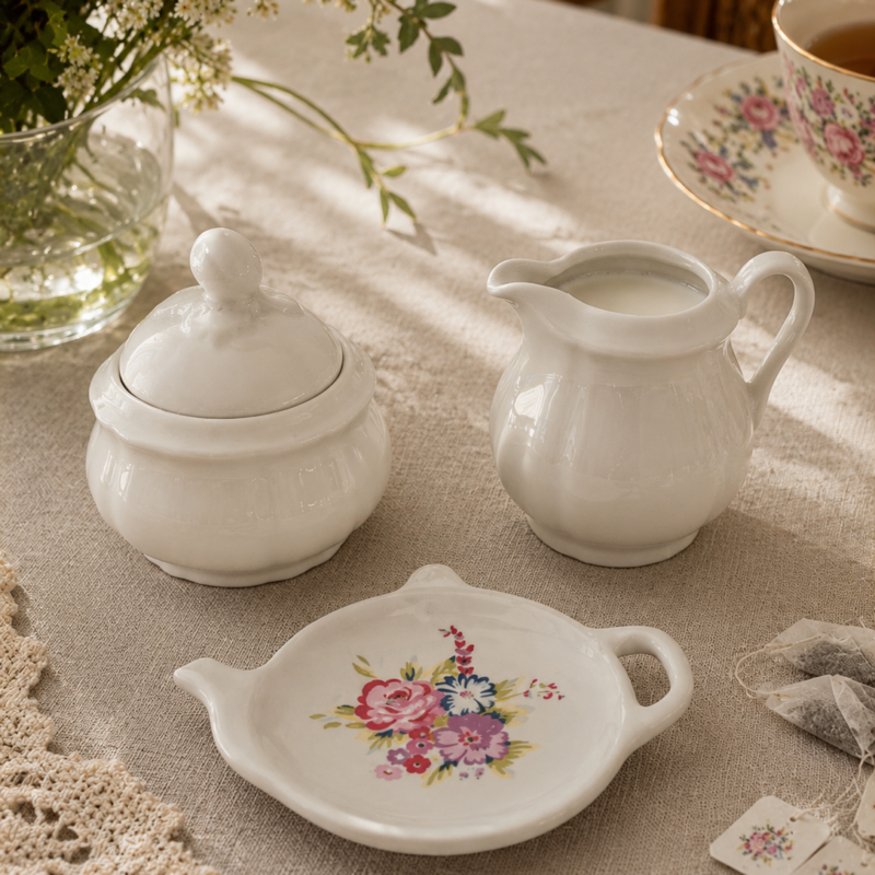 Mini set de servicio de té vintage sobre mantel que incluye un azucarero con tapa y un lechero de porcelana blanca alemana Seltmann Weiden, junto a un platillo posa bolsas de té Price & Kensington con forma de tetera e ilustración de rosas.