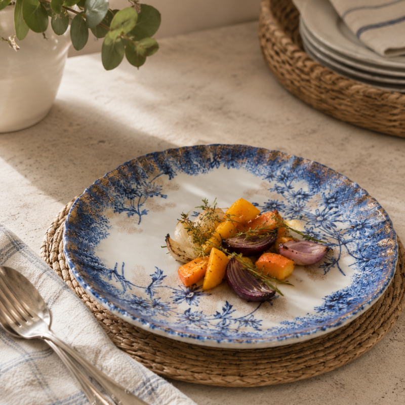 Primer plano del borde festoneado de un plato antiguo de loza inglesa Devon de S. Fielding & Co., mostrando el detalle de las flores azules transferware y el delicado estarcido de oro difuminado.