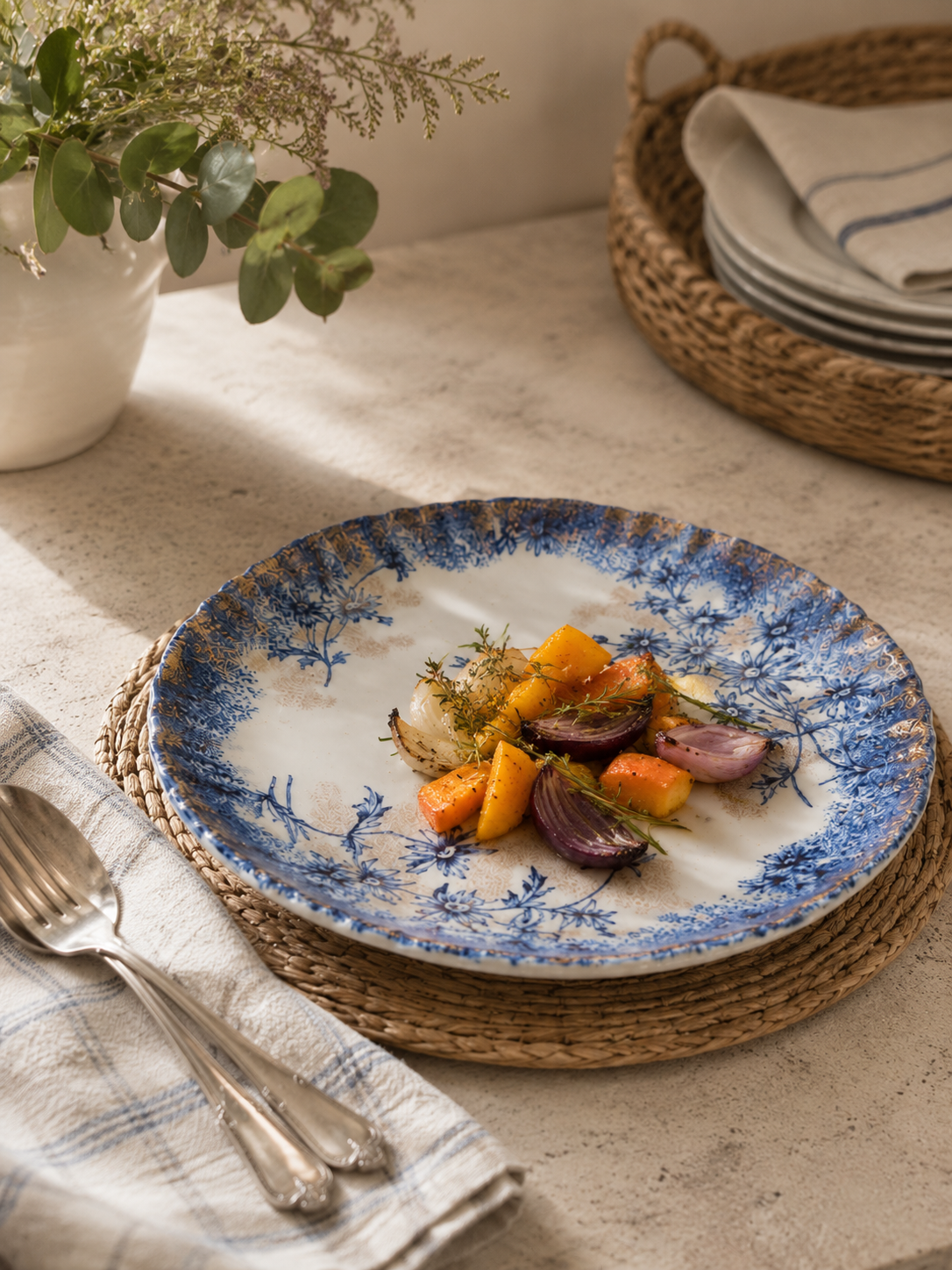 Primer plano del borde festoneado de un plato antiguo de loza inglesa Devon de S. Fielding & Co., mostrando el detalle de las flores azules transferware y el delicado estarcido de oro difuminado.