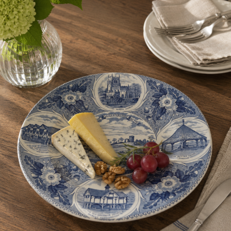Vista frontal de un plato de colección de loza inglesa Weatherby Royal Falcon, titulado "The Leicestershire Plate", con grabados en azul cobalto de monumentos históricos.
