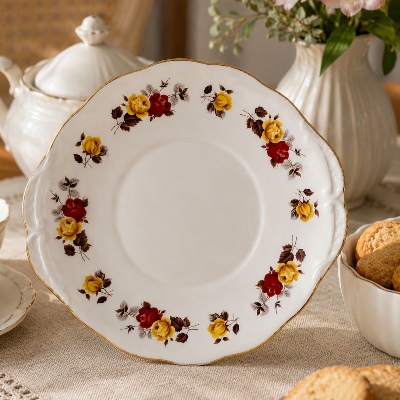 Plato galletero oval con asas integradas de fine bone china inglesa Colclough, en el patrón Stratford número 8320, producido en Staffordshire, Inglaterra
