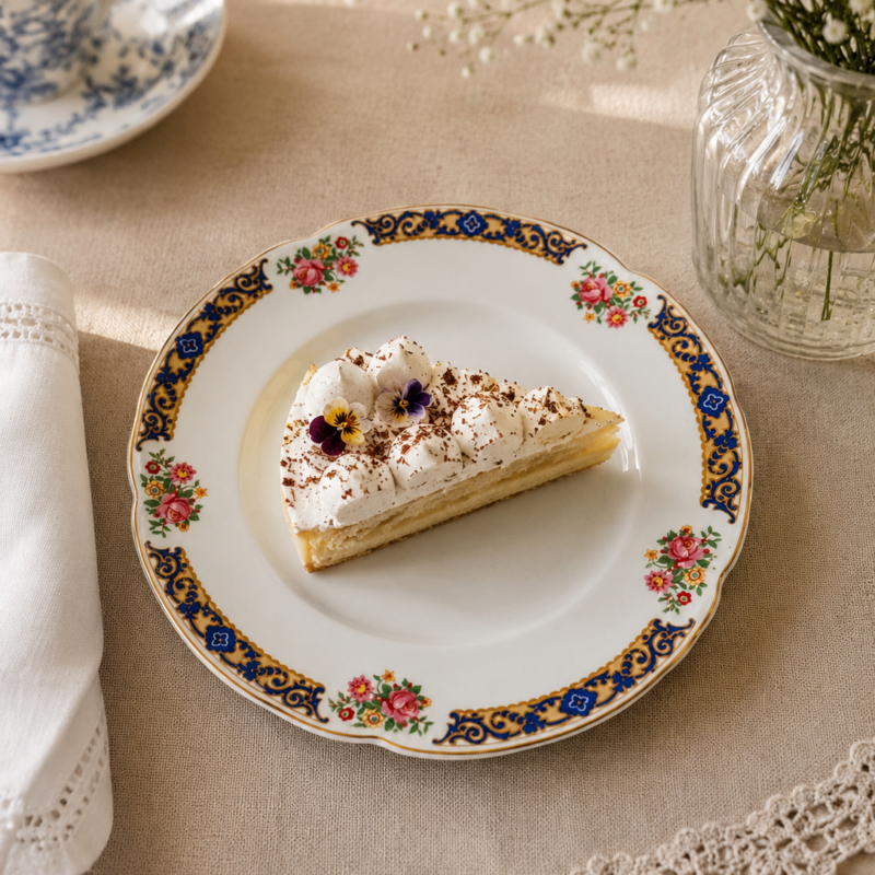 Elegante plato eduardiano de loza inglesa de la célebre manufactura Johnson Brothers. Su icónico patrón "Corfu" combina delicados ramos florales con una imponente guarda perimetral en azul cobalto y oro, ideal para aportar distinción histórica a su mesa o vitrina.
