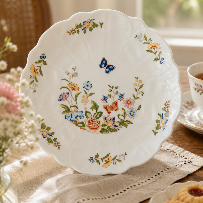 Fine bone china inglesa de la icónica colección Cottage Garden de Aynsley, Est. 1775. Borde festoneado con flores silvestres y mariposas pintadas en tonos azul, rosa, amarillo y verde sobre fondo blanco inmaculado. Estado impecable: sin trizaduras, sin chips, pintura perfecta.