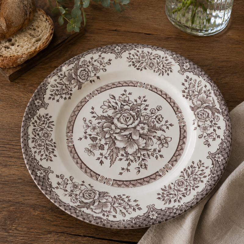 Vista frontal de un plato principal de loza crema inglesa Staffordshire Tableware con un intrincado diseño transferware marrón de rosas y ramos de flores.